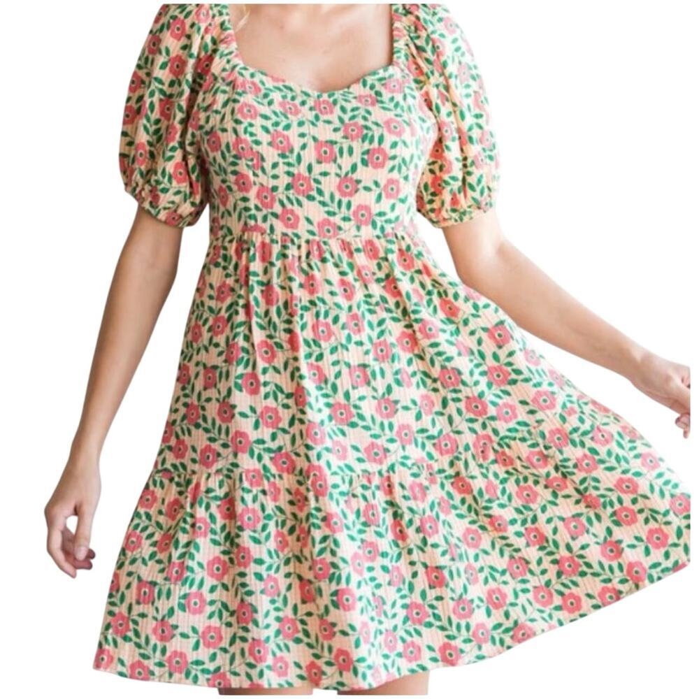 Jodifl Floral Mini Dress Puff Sleeve Square Neck Tiered Small Brunch Day Dress